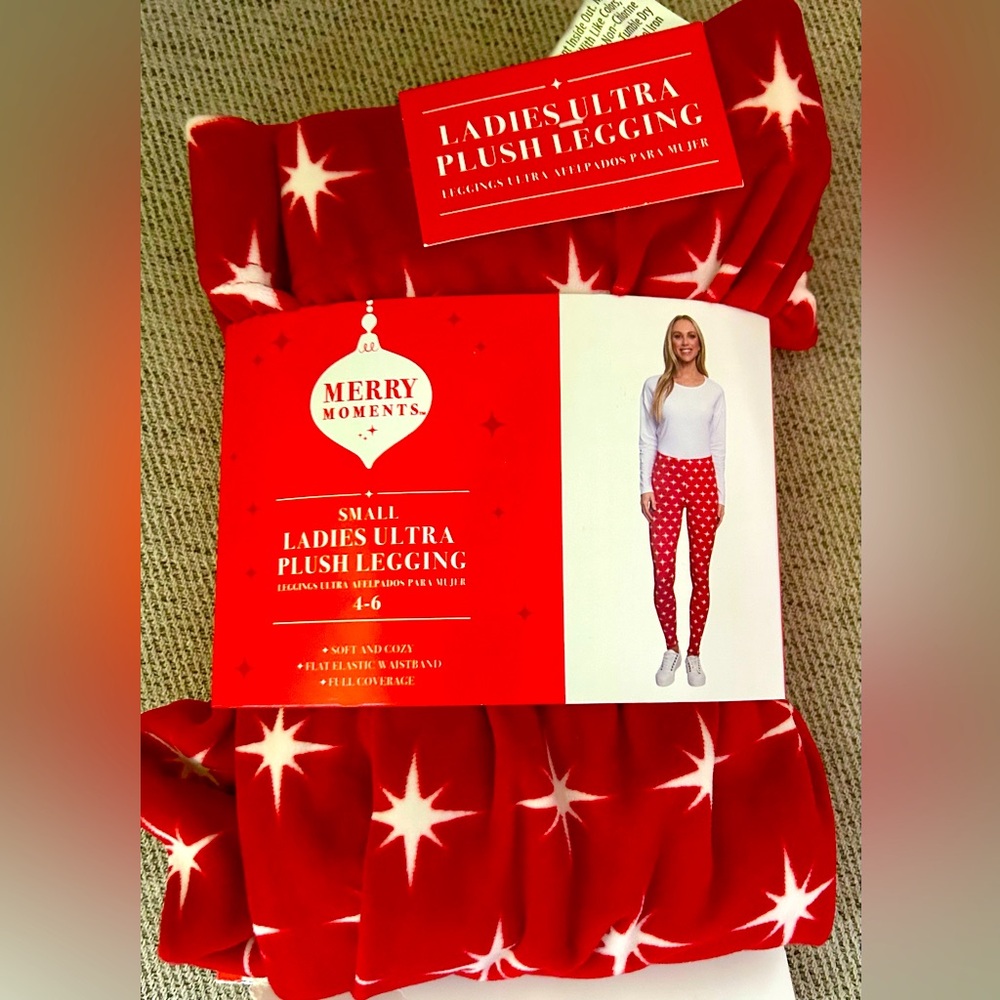 Holiday Red White Leggings Women's Small Sz 4 - 6 Stars soft cozy warm merry new